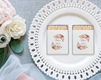 Matchboxes With Floral Design Personalized with Names and Date, watercolor floral monogram for wedding matches, wedding favors