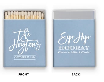 Script Family Name Wedding Matchboxes, Personalized Match Favors with “Sip Hip Hooray”, Printed Match Boxes