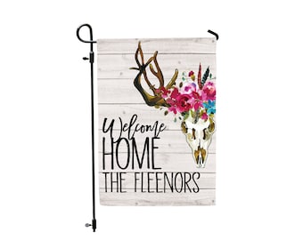 Personalized Garden Flag - Antler and Floral Bouquet Flannel Custom Yard Flag, Western Flag, Bull Skull Flag, Western Decor