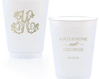 Vintage Monogram Frost-Flex Cups, Personalized Shatterproof Wedding Cups, Script Names & Date, Two-Sided, Multiple Sizes