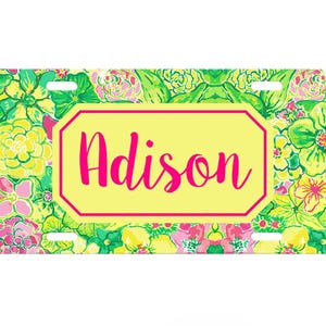 Pink & Green Floral License Plate, License Plate Frame Custom, Car Coasters, Seat Belt Cover, Personalized Front Tag