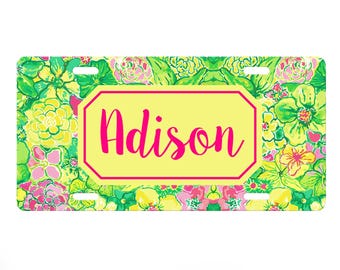 Pink & Green Floral License Plate, License Plate Frame Custom, Car Coasters, Seat Belt Cover, Personalized Front Tag