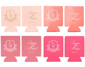 Pink Blush Can Coolers, Personalized Drink Huggers, Monogram, Wedding & Party Favors, 12 oz, Neoprene or Foam, Double-Sided Print