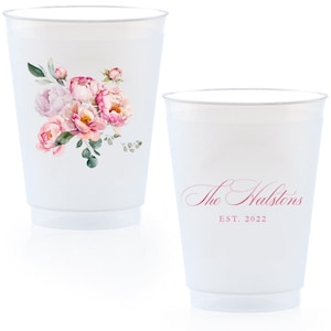 Engagement Party Custom Frosted Cups, 8oz, 9oz, 10oz, 12oz, 14oz, 16oz, 20oz, 24oz / Personalized Cups, Party Cups, Party, Pink Peony Flower