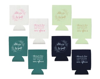 Personalized Greenery Wreath Can Coolers, Wedding Drink Huggers with Names & Date, Double-Sided Print, Neoprene or Foam, 12 oz