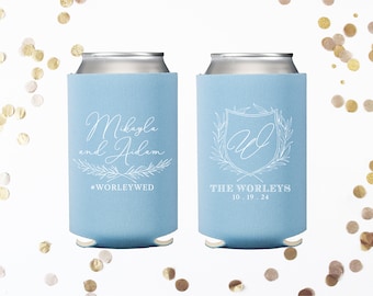 Last Name Wedding Can Holder - Wedding Can Cooler, Wedding Favors, Beverage Insulators, Beer Huggers, Wedding Favor, Beer Holder Light Blue