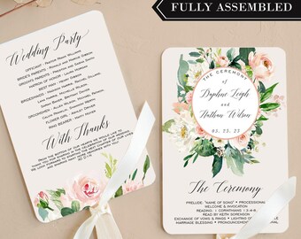 Blush Wedding Program Fans Assembled - Elegant Blush Floral Floral Wedding program, Wedding program fan, wedding fan, fan wedding program