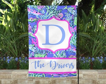 Welcome Garden Flag, Custom Garden House Flag, Monogram Flag, Chinoiserie, Preppy Decor, Ginger Jar, Fancy Monkeys with Umbrellas