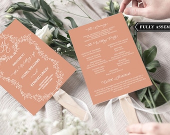 Wedding Program Fans Monogram Initial - Garden Wedding - Terracotta Wedding Program Fans - Printed Ceremony Fan - White Ink - Assembled Boho