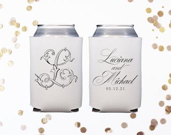 Personalized White Ink Monogrammed Event Can Coolers, White Ink Wedding Favors, Personalized Neoprene Can Coolers, Neoprene Wedding Coolies