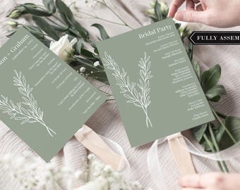 Sage Green Wedding Program Fans Monogram - Green Wreath Wedding Program Fans - Printed Ceremony Fan - Green Cardstock White Ink - Assembled