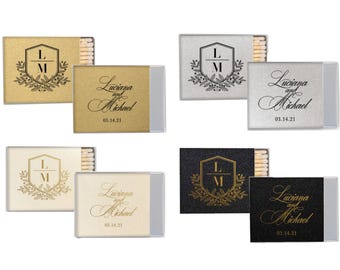 Monogram Crest Wedding Matchboxes, Personalized Match Favors with Script Names, Printed Boxes (gold, silver, black, ivory)