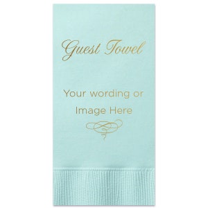 Pode incluir: Uma toalha de convidado azul claro com letras douradas que dizem "Guest Towel" e "Your wording or Image Here".