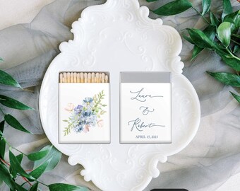 Blue Hydrangea Wedding Matches, Custom Wedding Favor,  Hydrangea  watercolor Bouquet Monogram Matchboxes, Wedding Matches