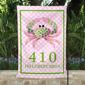 Personalized Crab Garden Flag, Custom monogram Yard Flag, Preppy pink Crab,  inspired