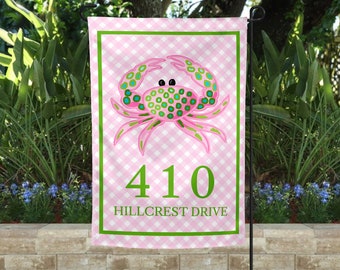 Personalized Crab Garden Flag, Custom monogram Yard Flag, Preppy pink Crab,  inspired