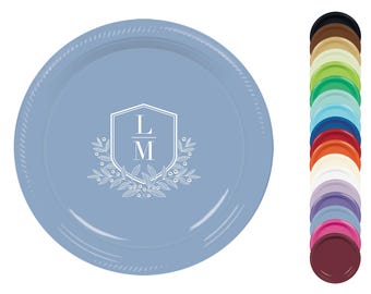 Custom Printed Plates - Delicate Script Initials party plates - Dessert, Appetizer, 7 inch, Plastic, Wedding, Anniversary, Shower