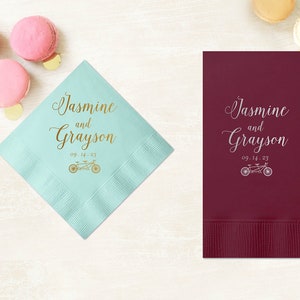 Tandem Bicycle Wedding Napkins, Rehearsal Dinner, Engagement Party, Custom Bar Napkins, Custom Wedding Napkins - Destination Wedding
