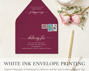 White Ink Envelopes A7 | Printed Calligraphy | Envelope Addressing | White Ink Printing on Dark Envelopes includes return address