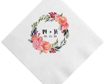 Floral Monogram 3 Ply Napkins, Full Color Napkins, Custom Wedding Napkins, Bridal Shower, 3-Ply Cocktail Napkins, Printed Party Napkins