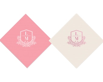 Personalized Linen Like Beverage Napkins, Monogrammed Crest Cocktail, Wedding Shower Birthday Hostess Gift, Elegant Paper Napkins