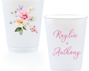 Personalized Peony Pink Cups, Custom Printed Frosted Cups, Shatterproof, Frost Flex, Personalized Plastic Party Cups, Wedding Cups