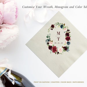 Monogram Wreath Personalized Wedding Napkins, Rehearsal Dinner, Engagement Party, Custom Bar Napkins, Custom Wedding Napkins