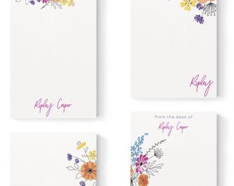Personalized Floral Notepad Stationery with Name for Women, Hot Pink, Purple & Green Flowers - Custom Note Pad To Do List - Multi Flower Pad