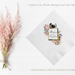 Blush Floral Personalized Wedding Cocktail Napkins, Quinceañera, Birthday, Baby Shower, Custom Personalized Floral Beverage Luncheon Napkins