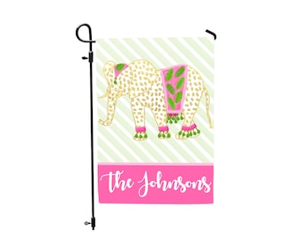 Personalized Elephant Garden Flag, Custom monogram Yard Flag, Preppy elephant, Pink Yard Flag, Housewarming Gift