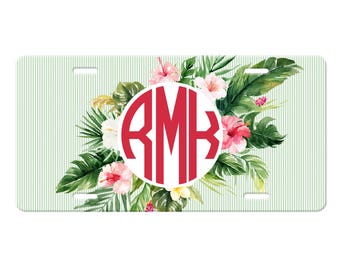 Tropical Floral License Plate, Monogram Tropical Plate Frame, Pink Floral Car Coasters, Preppy Floral Key Chain, Pink and Orange Car Tag