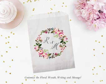 Set of 25 Personalized Custom Monogram Crest Floral Greenery Wedding Favor Treat Bags - Candy, Donuts, Cookies, Popcorn - Wedding, Bridal