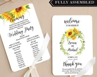 Rustic Wedding Program Fans Assembled - Sunflowers - Choose fonts and colors