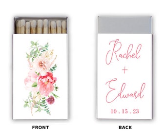 Pink Peony Wedding Matches, Custom Wedding Favor, Peony Bouquet Monogram Matchboxes, Wedding Matches