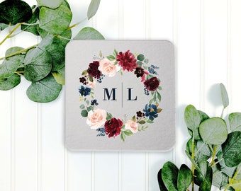 Monogrammed Party Coasters, Custom Bar Coasters, Custom Printed Drink Coasters, Personalized Wreath Party Coasters, Custom Barware