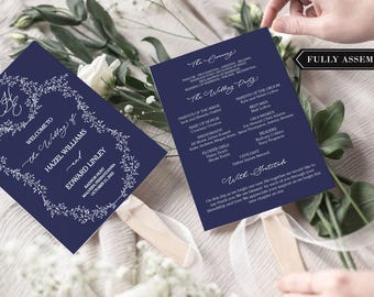 Navy Wedding Program Fans Monogram Initial - Navy Blue Wedding Program Fans - Printed Ceremony Fan - Blue White Ink - Assembled