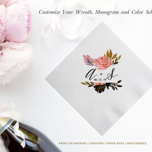 Wedding Greenery Beverage Napkin Cocktail Napkins Personalized Paper Napkins, Watercolor Greenery 3 Ply Napkins