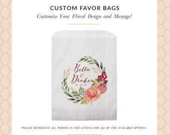 Set of 25 Personalized Custom Monogram Crest Pink Floral Wedding Favor Treat Bags - Candy, Donuts, Cookies, Popcorn - Wedding, Bridal