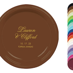 Personalisierte Kunststoffteller - Benutzerdefinierte Monogrammteller für Hochzeitsessen - Wählen Sie Farben und Größen 18 cm oder 10 Zoll
