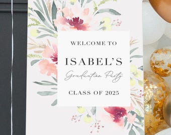 Graduation Party Welcome Sign, Printed Grad Party Welcome Sign Template, Blush Pink Floral, Blush, Gold, Free Shipping