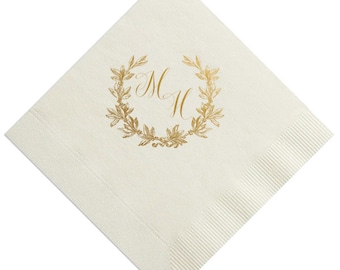 Personalized Wedding Napkins Personalized Laurel Wreath Monogram Rustic Wedding Custom Bar Napkins Reception LOTS of COLORS Avail!