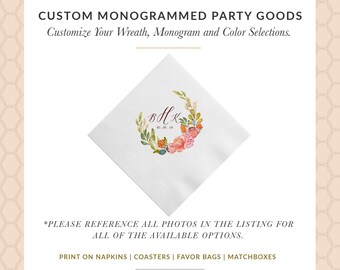 Monogram Wreath Personalized Wedding Napkins, Rehearsal Dinner, Engagement Party, Custom Bar Napkins, Custom Wedding Napkins