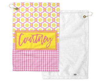 Pink Yellow Personalized Tennis Towel w/Clip; Monogrammed Tennis Towel; Custom Monogram Tennis Gift; Personalized Sports Gift-Racket Cloth