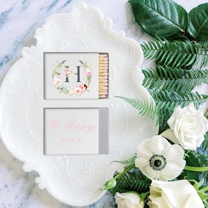 Pink Peony Wedding Matches, Custom Wedding Favor, Peony Wreath Monogram Matchboxes, Wedding Matches