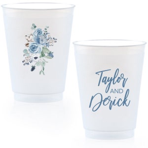 Engagement Party Custom Frosted Cups, 8oz, 9oz, 10oz, 12oz, 14oz, 16oz, 20oz, 24oz / Personalized Cups, Party Cups, Party, Misty Blue Flower