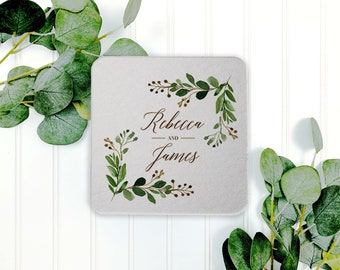 Personalized Green Wedding Coasters - Green Leaf Floral Custom Wedding Drink Coasters - Botanical Greenery Personalized