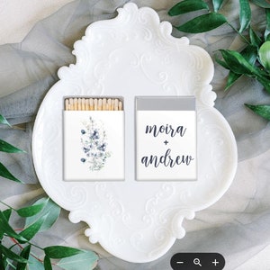 Blue floral Wedding Matches, Custom Wedding Favor, blue flower watercolor Bouquet Monogram Matchboxes, Wedding Matches