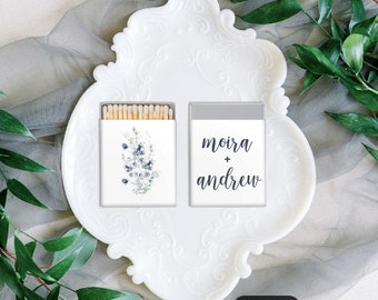 Blue floral Wedding Matches, Custom Wedding Favor, blue flower watercolor Bouquet Monogram Matchboxes, Wedding Matches