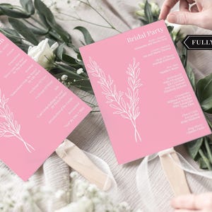Blush Wedding Program Fans Assembled  - Pink Botanical Wedding Program Fans - Printed Ceremony Fan - Pink Cardstock White Ink - Assembled