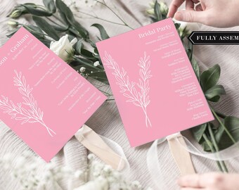 Blush Wedding Program Fans Assembled  - Pink Botanical Wedding Program Fans - Printed Ceremony Fan - Pink Cardstock White Ink - Assembled